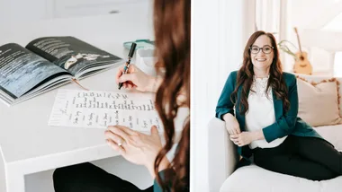 Portrait shot of MikkiandMe founder using a family calendar that sticks on the fridge