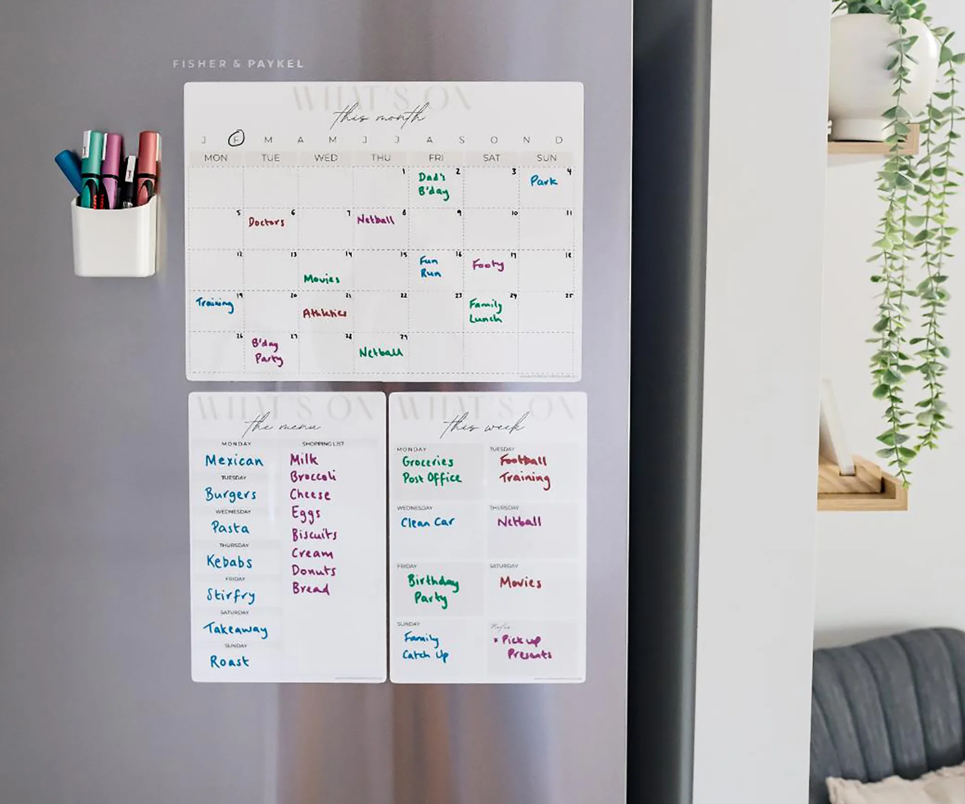 Magnetic family calendar on fridge