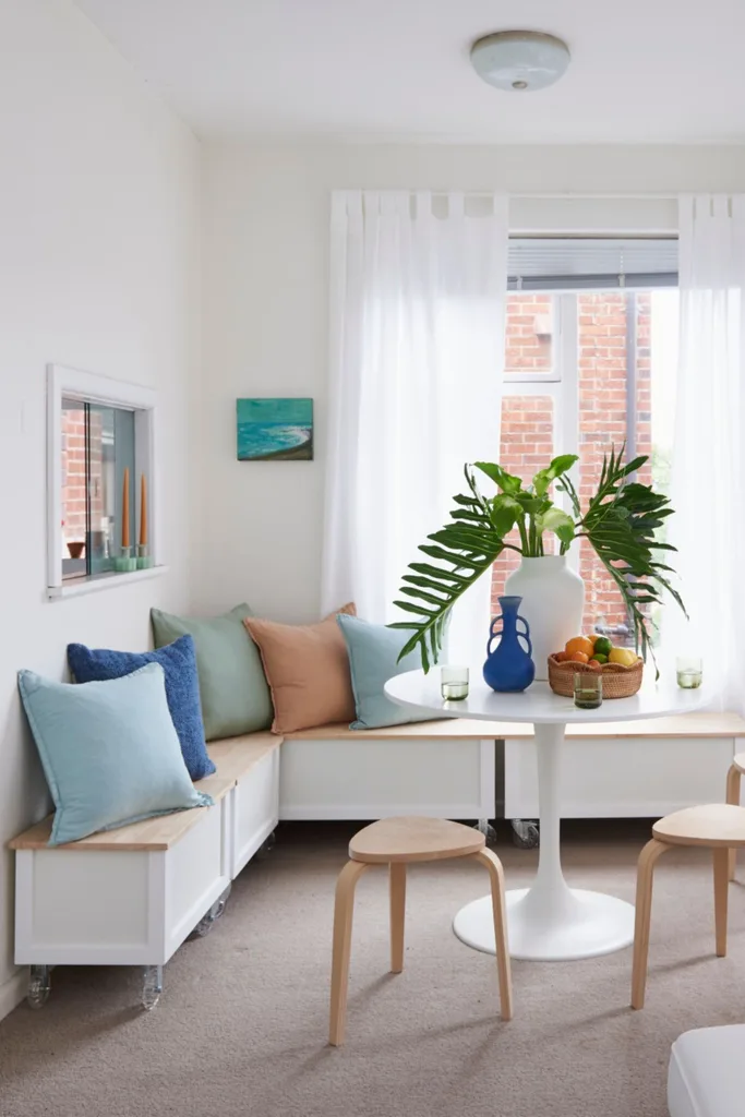 white modular bench with colourful pillows and stools