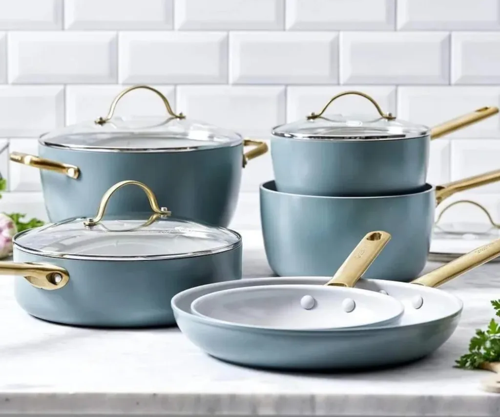 GreenPan Padova 10pc cookware set in smokey sky blue