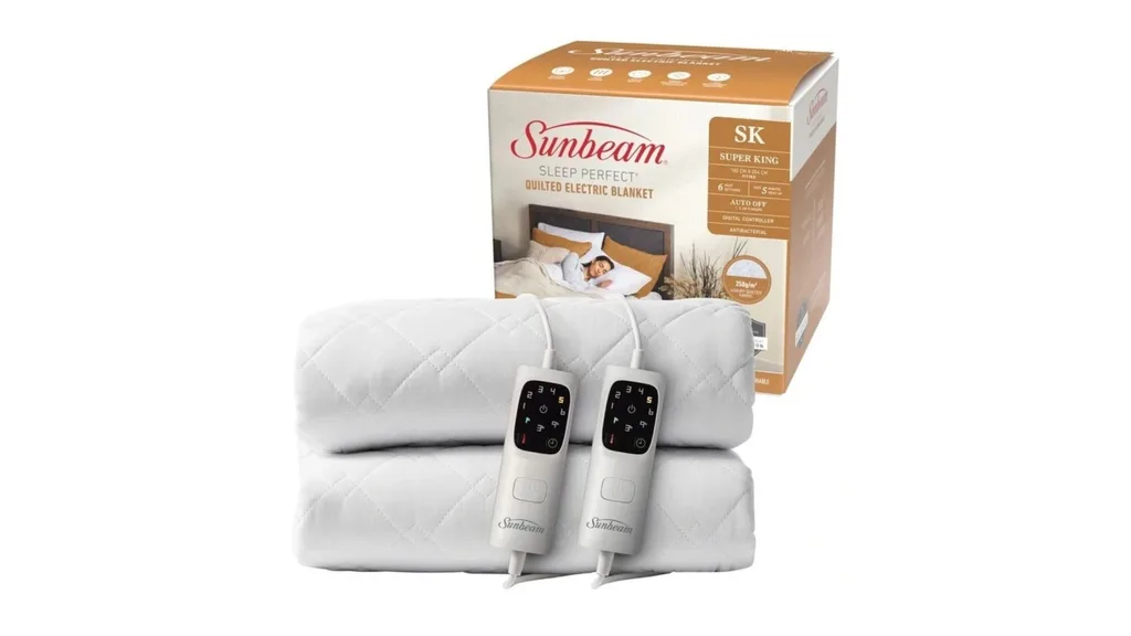 The Sunbeam Sleep Perfect Quilted Electric Blanket in White.