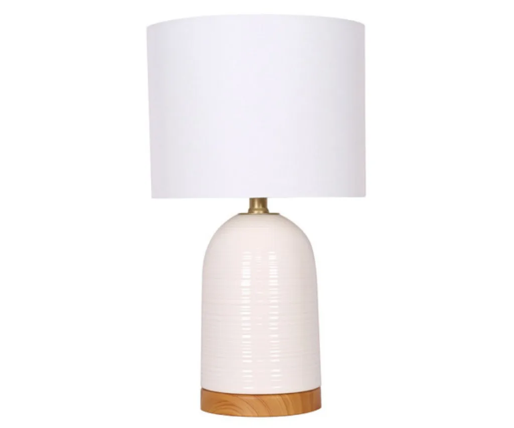 White ribbed ceramic lamp with timber base and white lamp shade