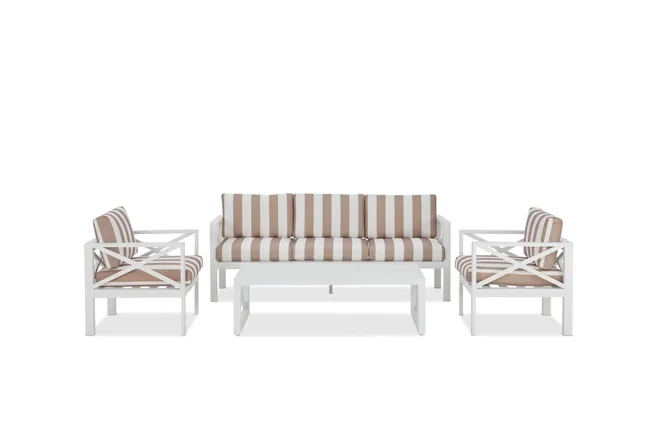 Outdoor furniture set with white frames and beige striped cushions on a sofa, two armchairs, and a coffee table.