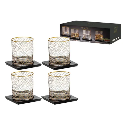 whiskey glasses and bamboo coasters