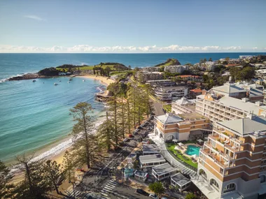 birds eye shot of the central coast coastline with resort buildings, trees and terrigal beach