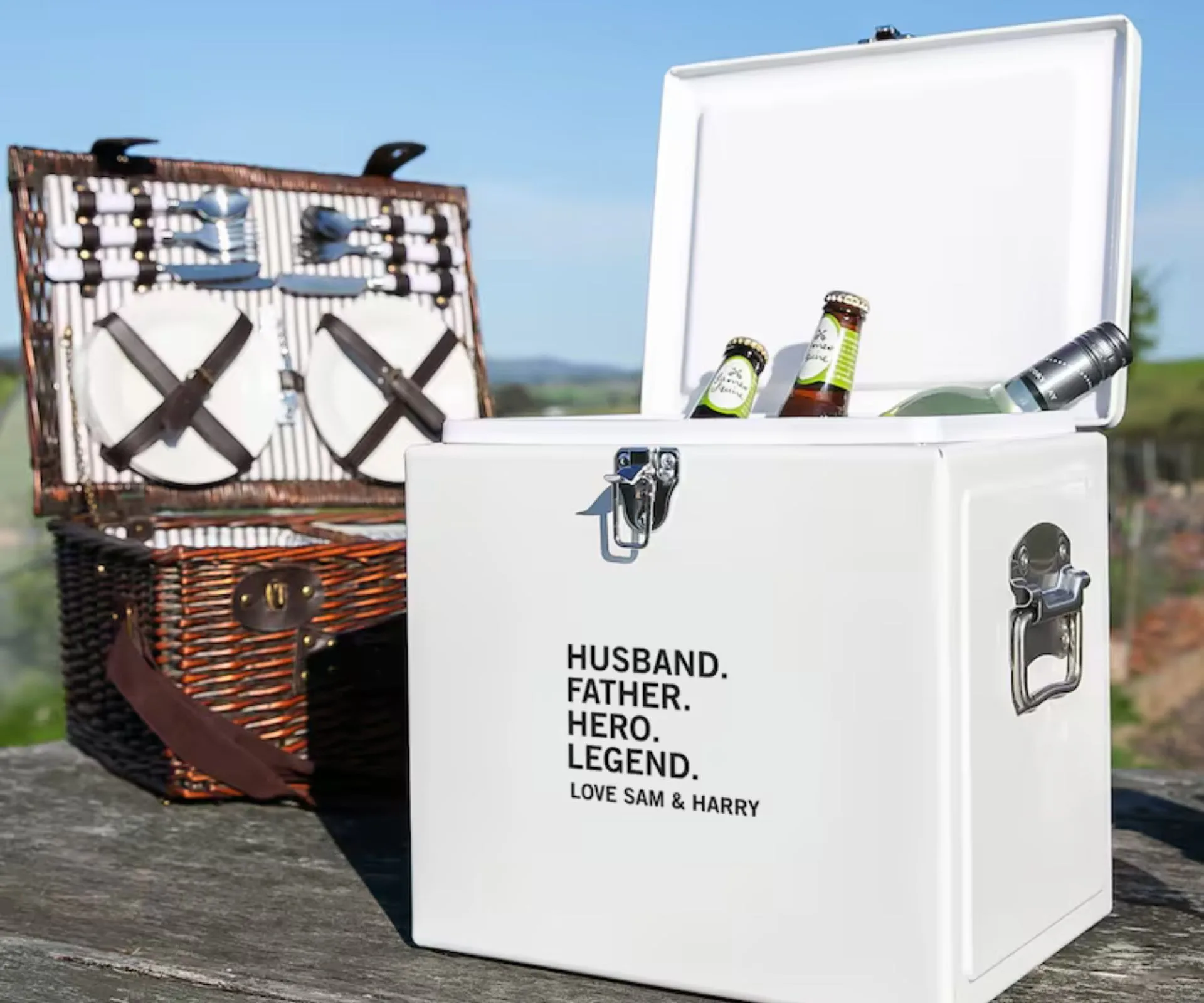 personalised white esky and picnic basket