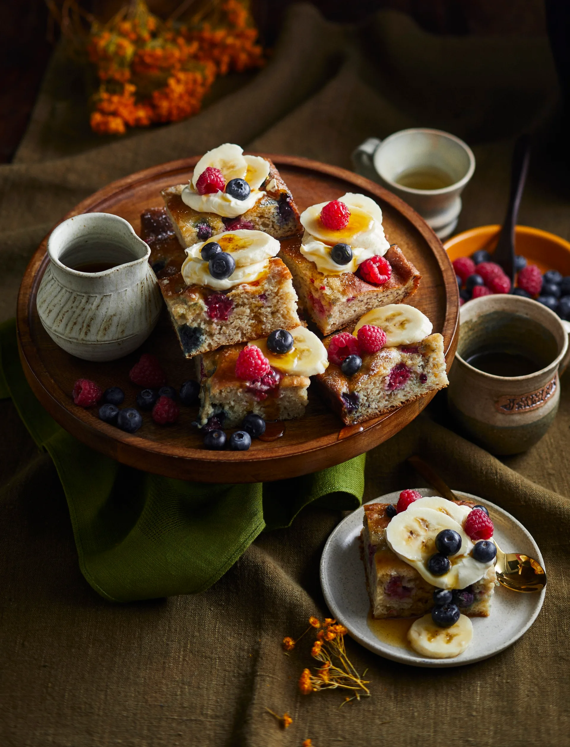 pancake tray bake with mixed berries and banana