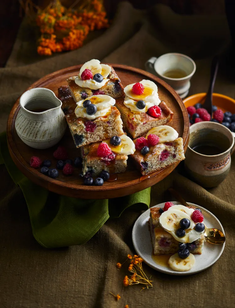 pancake tray bake with mixed berries and banana
