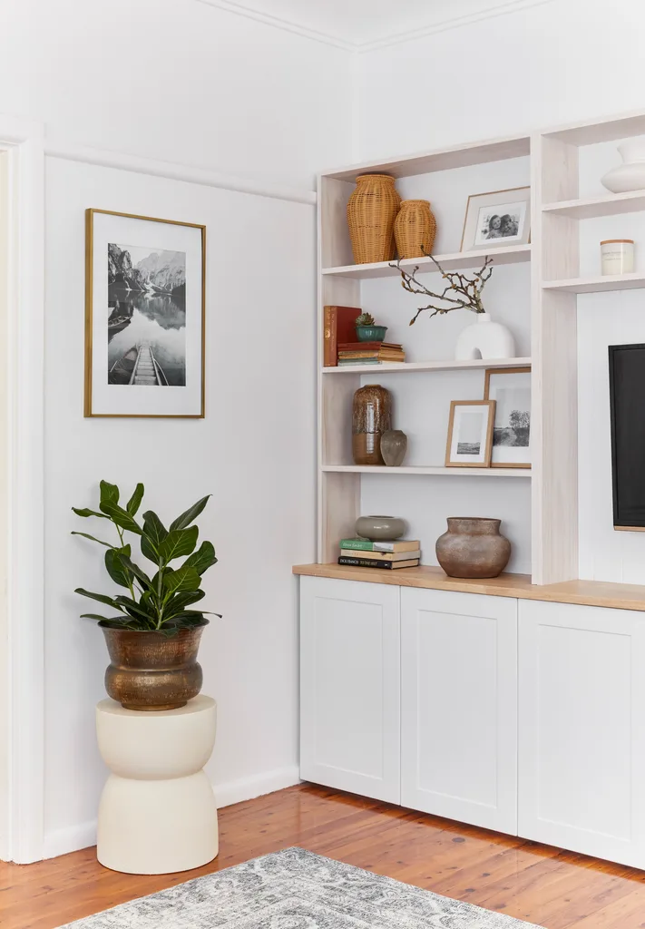 side view of home office space with pot plant and tv unit shown