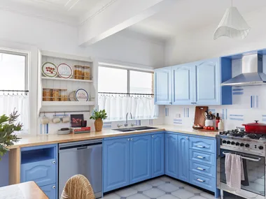 A bright kitchen with blue cabinets, stainless steel appliances, a wooden countertop, and decorative plates on shelves.