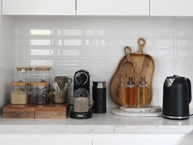 coffee nook with coffee machine, syrups and tea