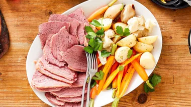 plate of corned beef with carrots and potatoes