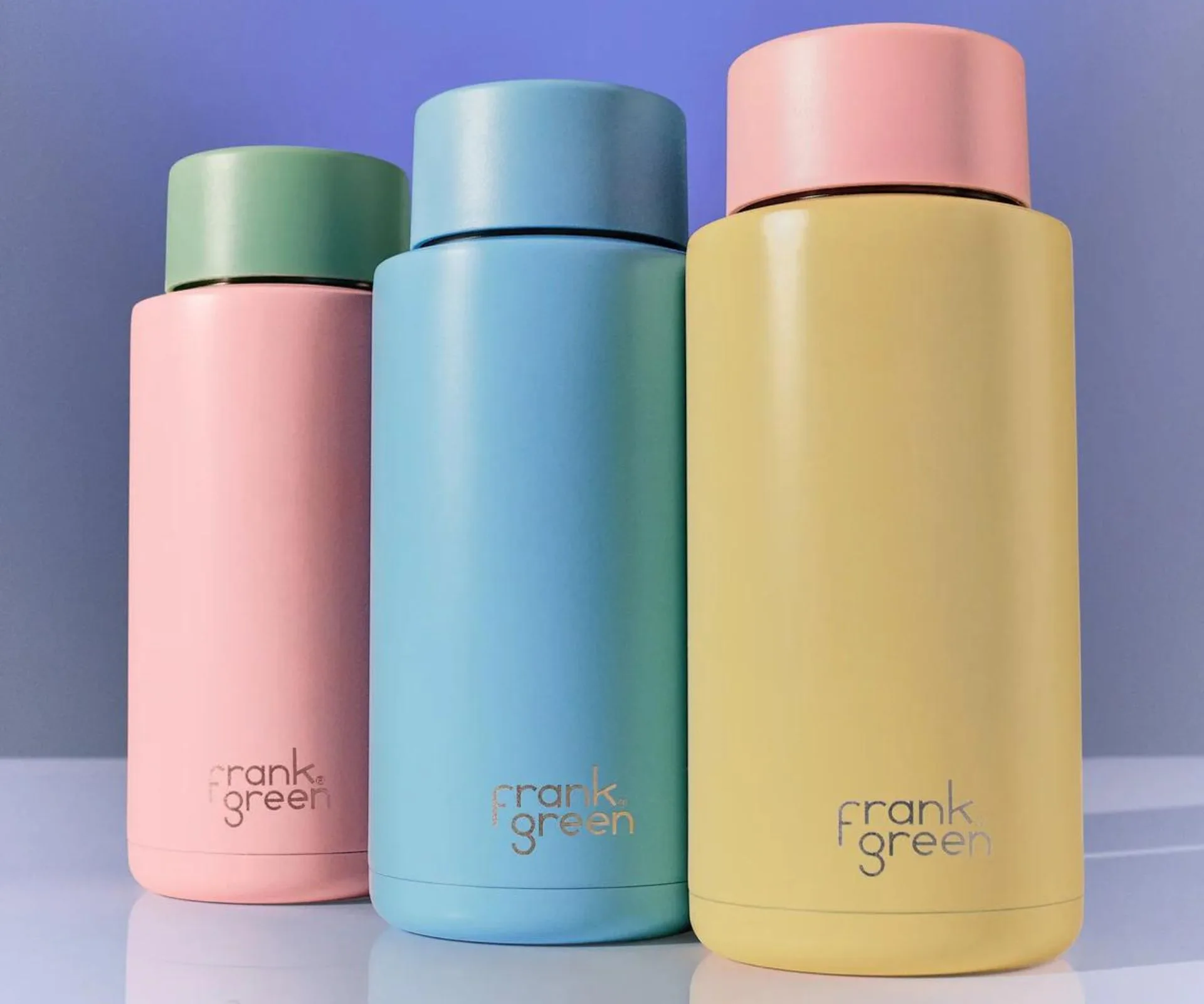 frank green bottles in various pastel colours