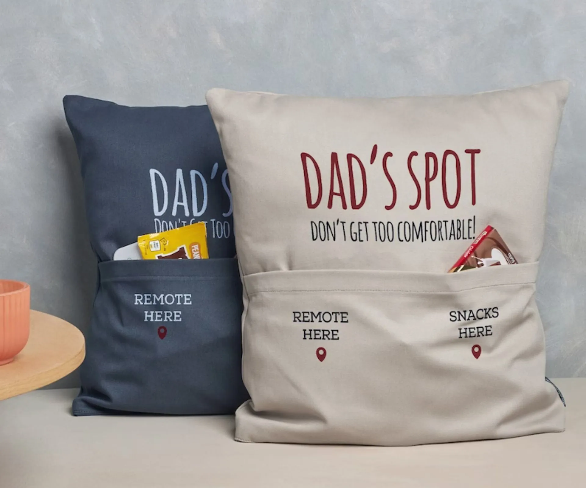personalised cushion with compartments for snacks and remote for dads