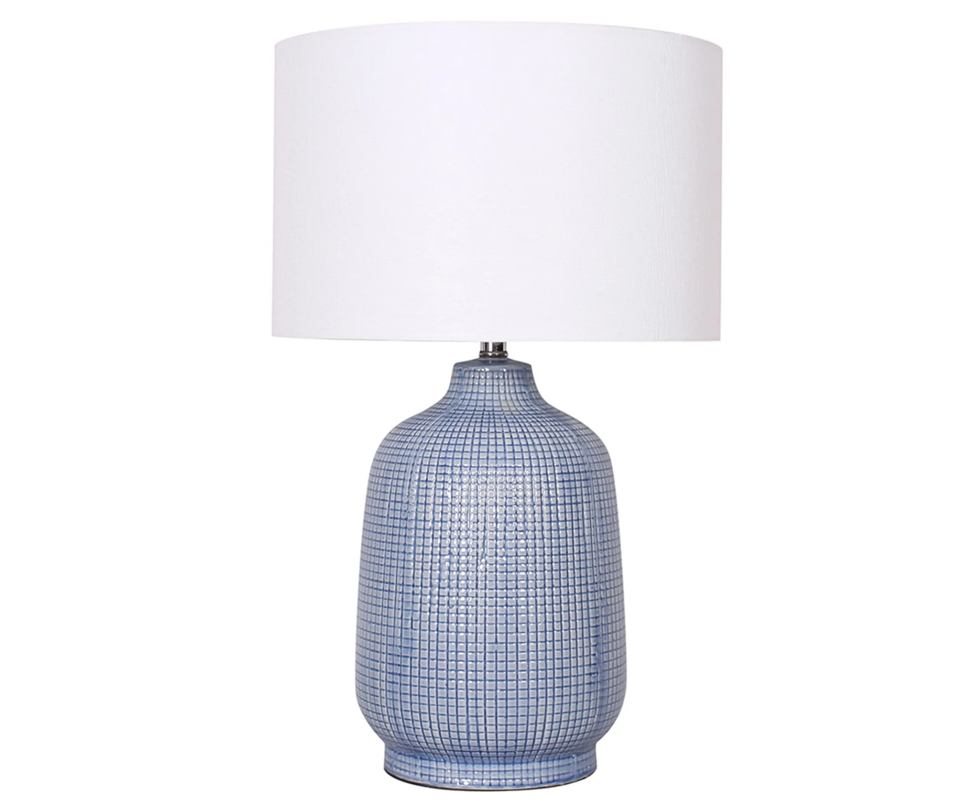 blue faux tile look lamp base in vase shape with white lamp shade