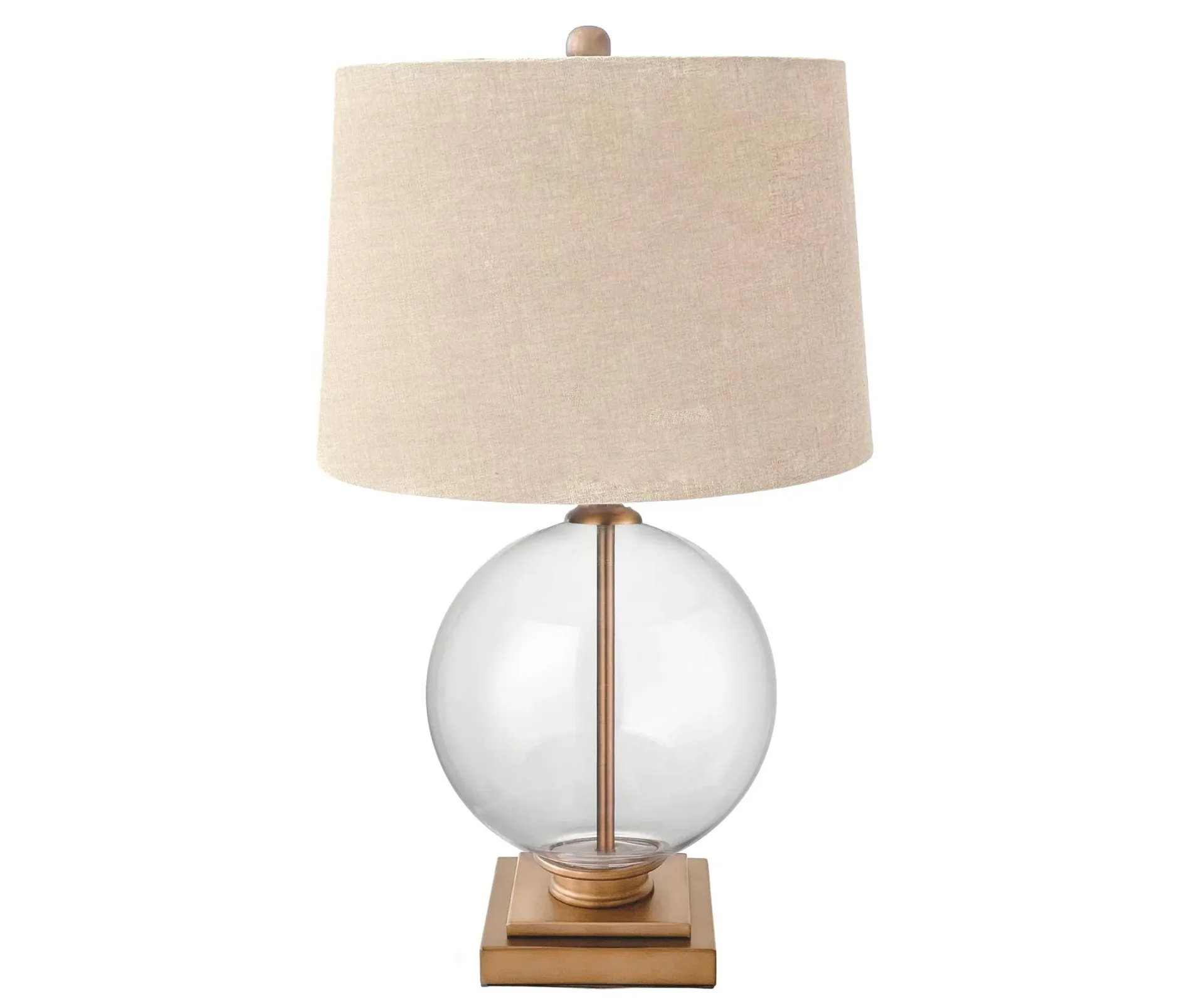 beige fabric lampshade with glass bauble shape on base