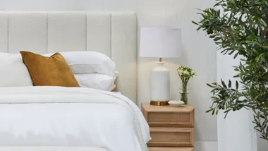 Elegant bedroom with a white bed, brown cushion, wooden nightstand, lamp, and plant.