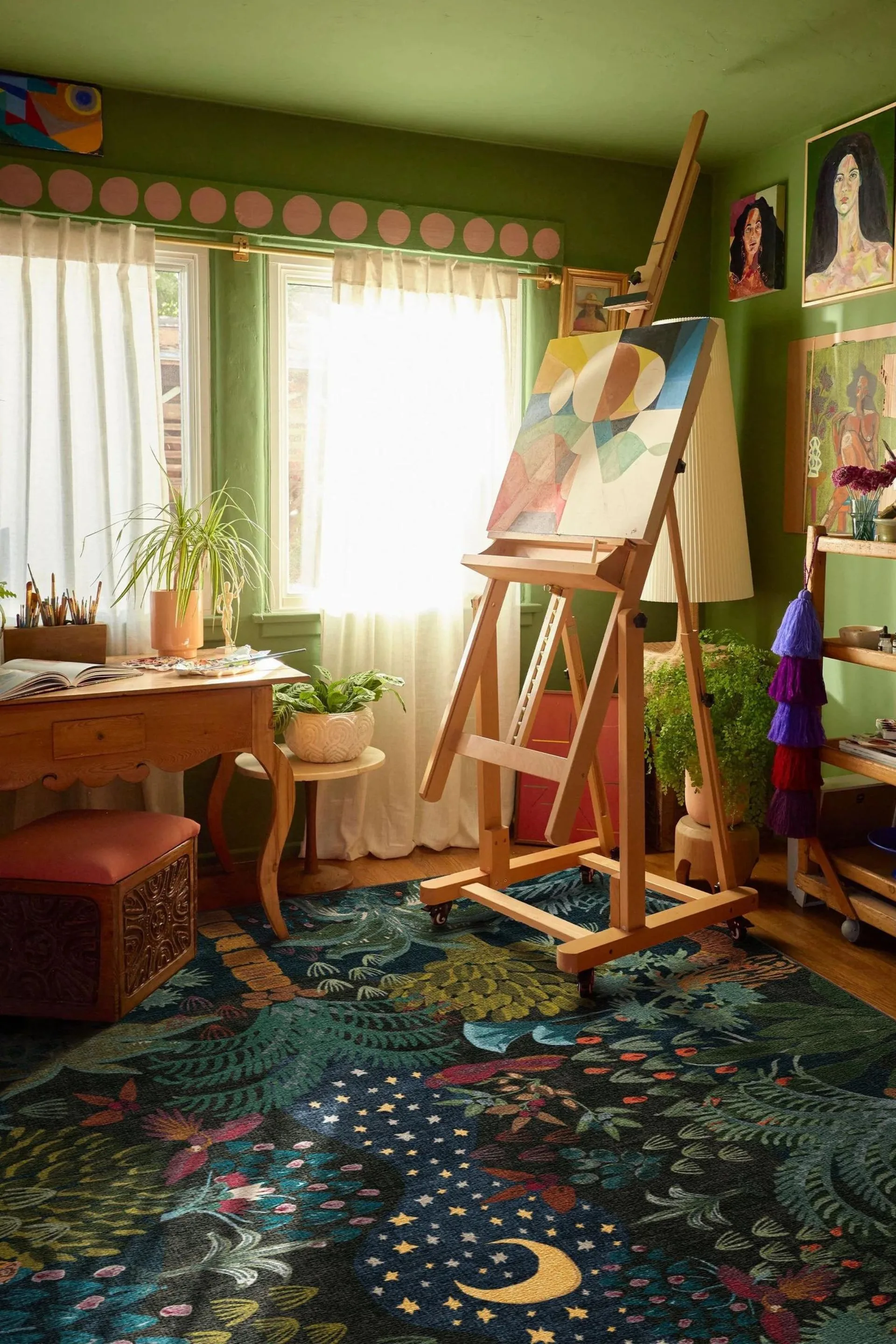 rug in a room with easel