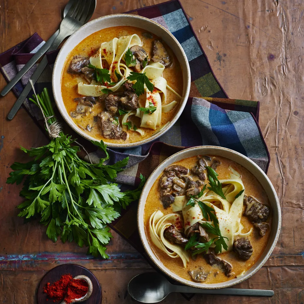 two bowls of stroganoff soup with parsley and chili