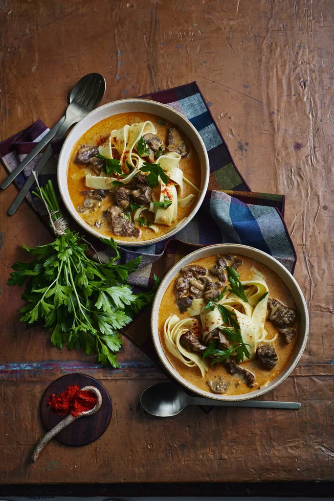 two bowls of stroganoff soup with parsley and chili
