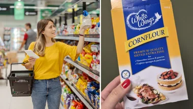 Woman shopping in Australian supermarket (left). (Right) person holding up an opened box of cornflour in Australia, White Wings brand.