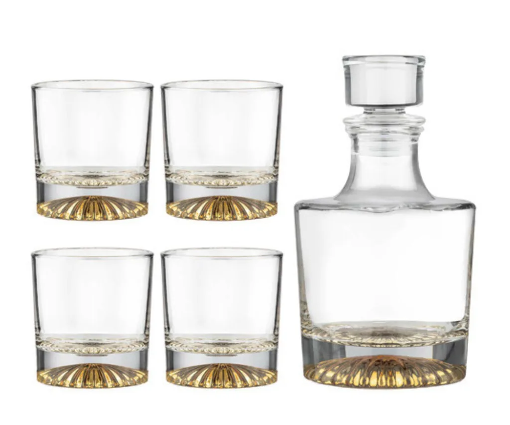 whiskey glasses and decanter set with gold flecks