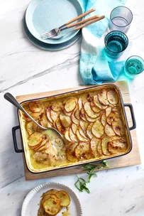 chicken and leek pie with potatoes thinly sliced on top