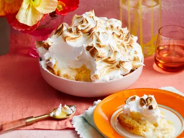 cheat's coconut lemon meringue pie on a brightly coloured table cloth