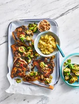 Colin&rsquo;s BBQ pork chops with Brussels sprouts, apple sauce and walnuts