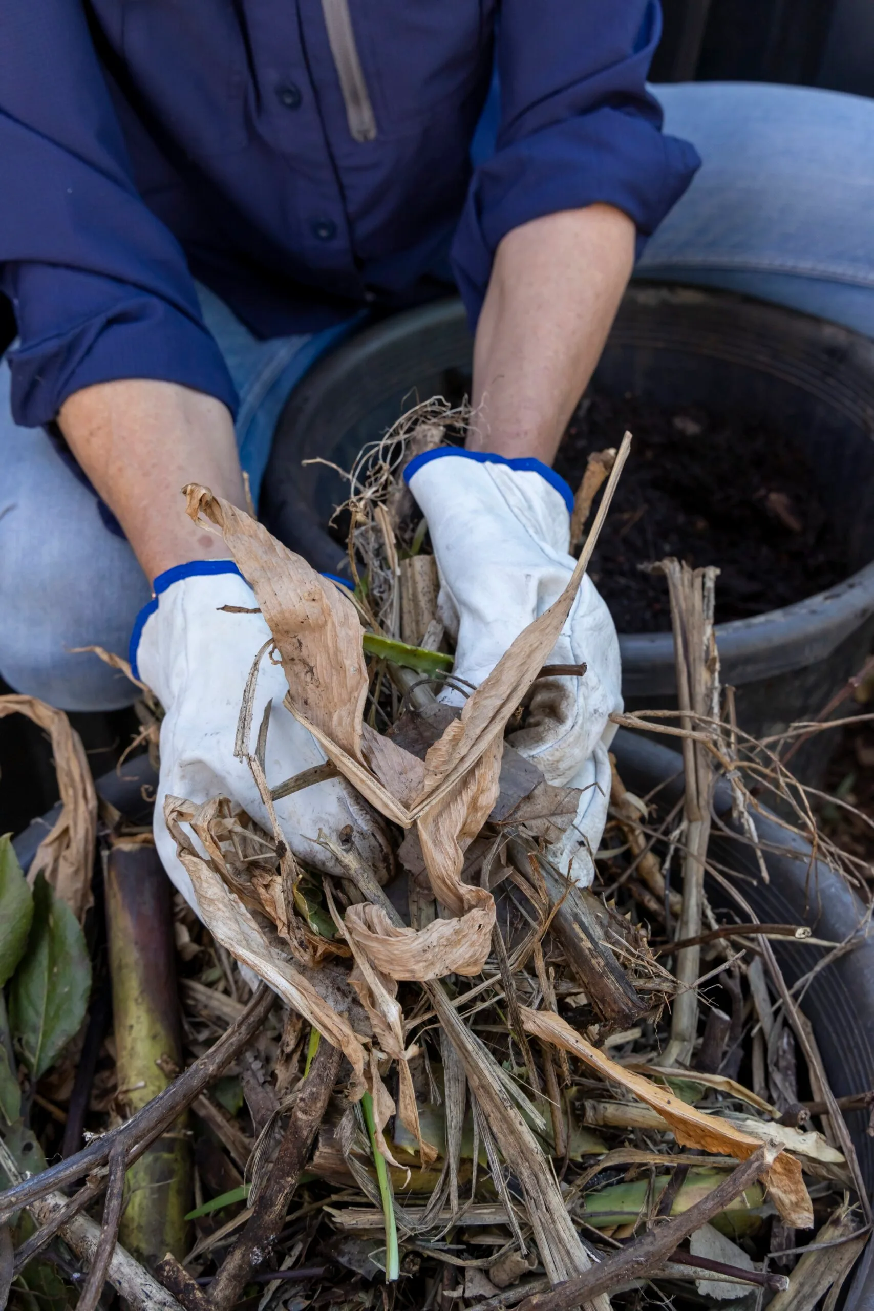 construindo uma pilha de compostagem, mãos usando luvas de jardinagem segurando cobertura morta