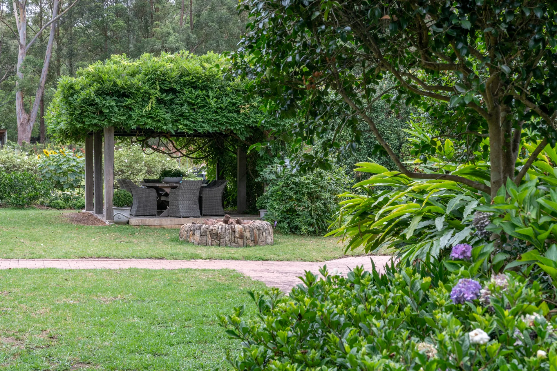 Landscape shot of gardener Charlie Albone's former garden with an outdoor setting shaded by a lush wisteria