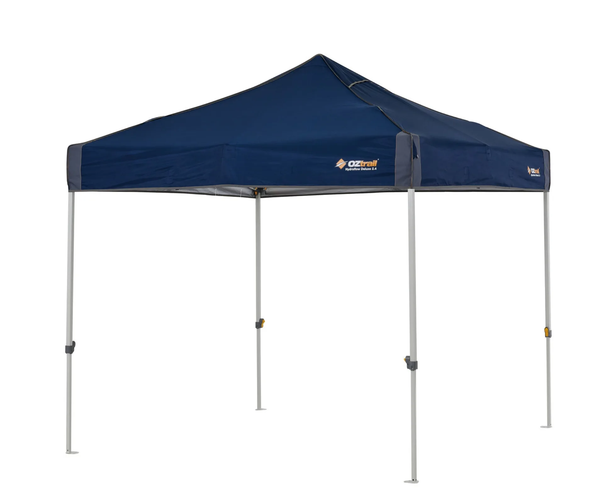 oztrail gazebo with four poles and blue canopy