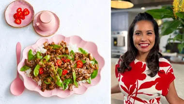 side by side picture of clarissa's head shot in red dress and her recipe black bean and beef stir fry on pink plate with scalloped edges