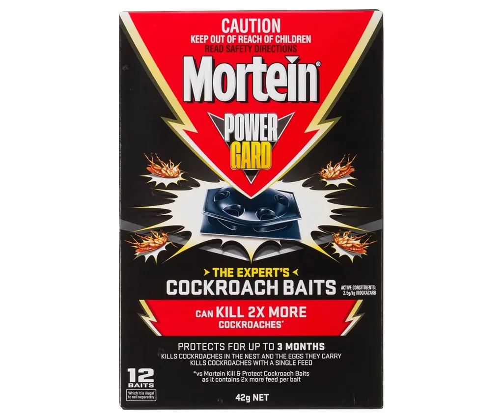 mortein cockroach baits with black box and dead cockroaches on the cover