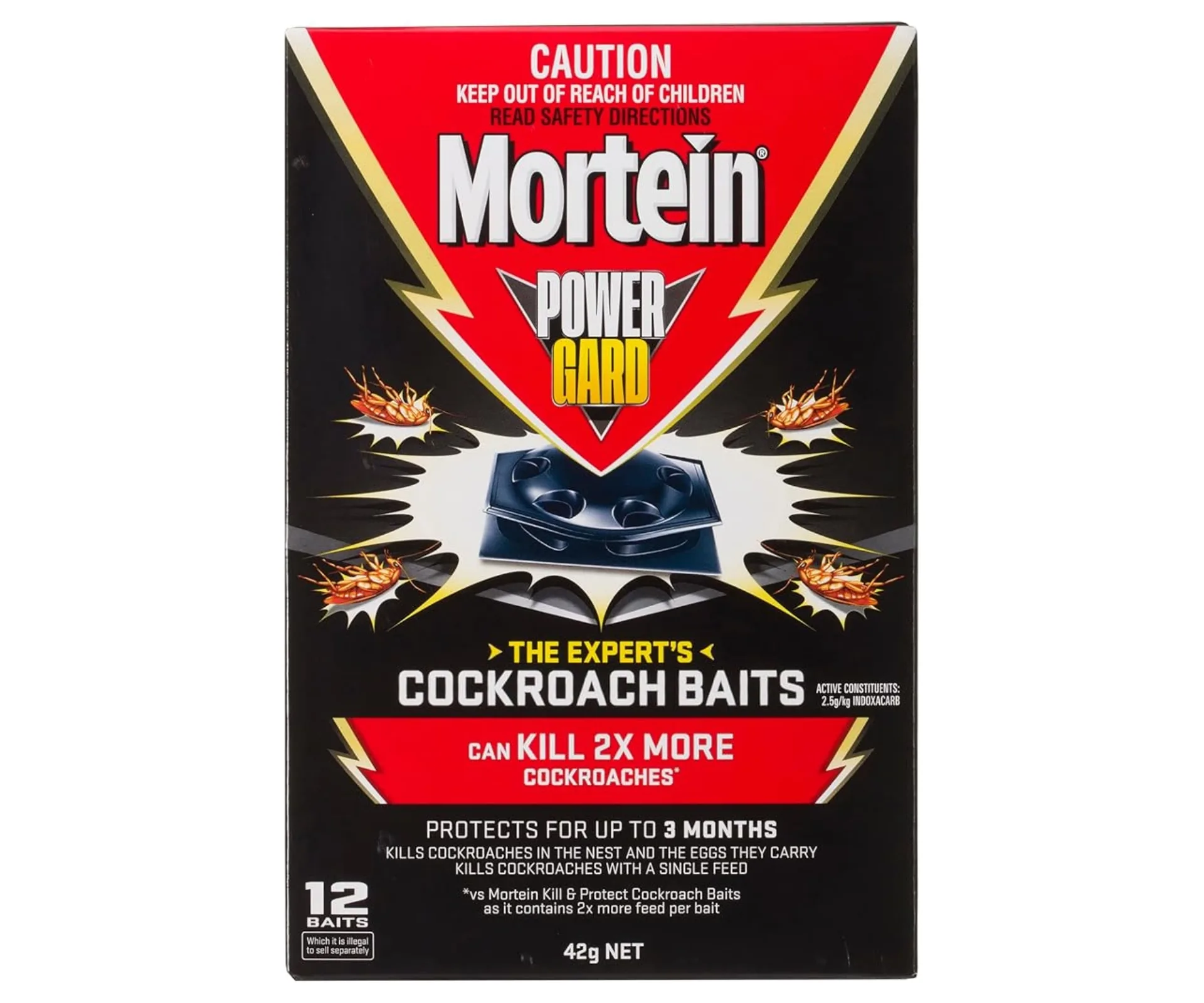 mortein cockroach baits with black box and dead cockroaches on the cover