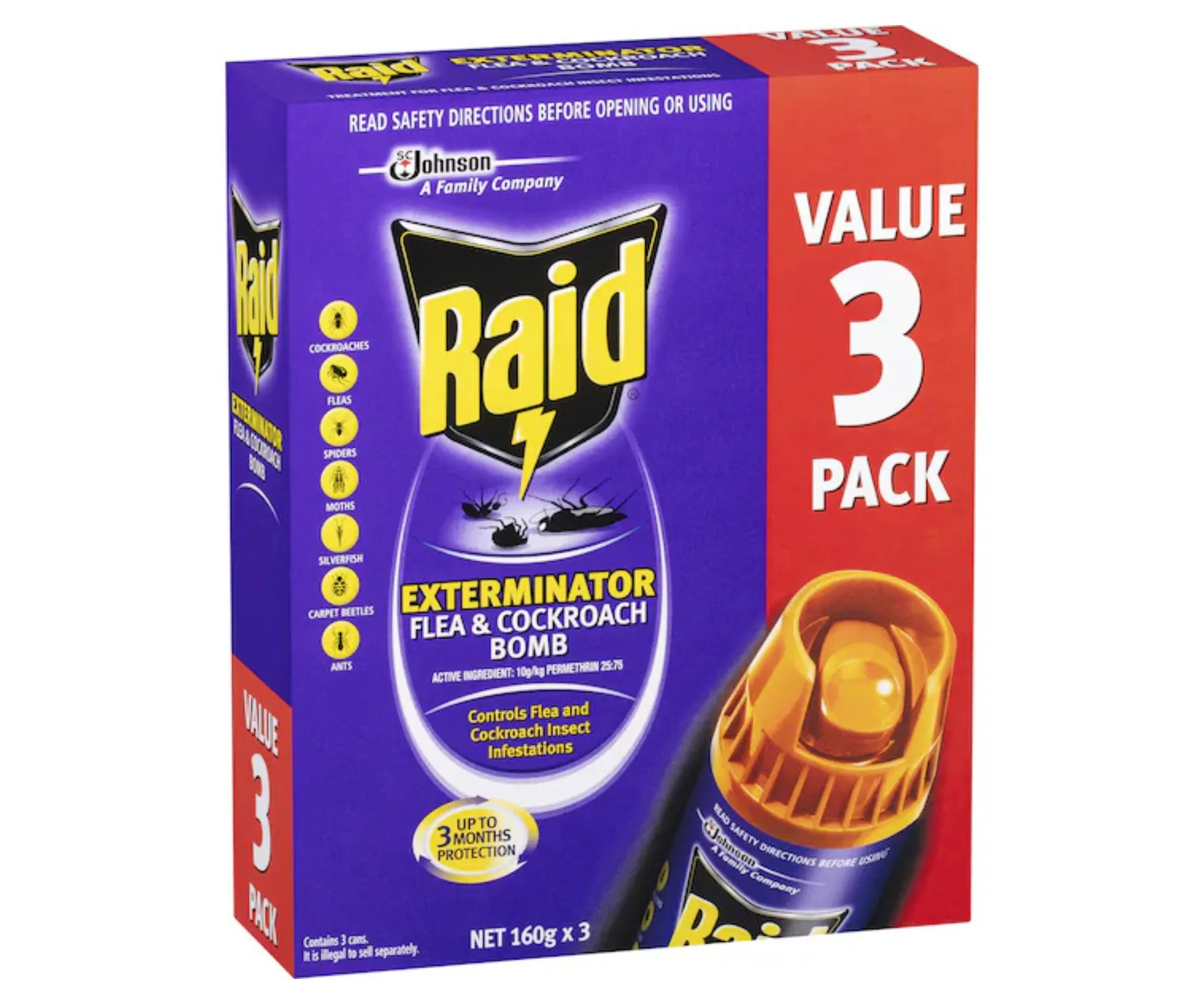 raid three pack of cockroach bombs in purple and red