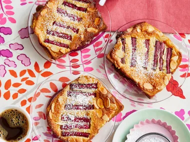 rhubarb croissant toast laid out on table with black coffee