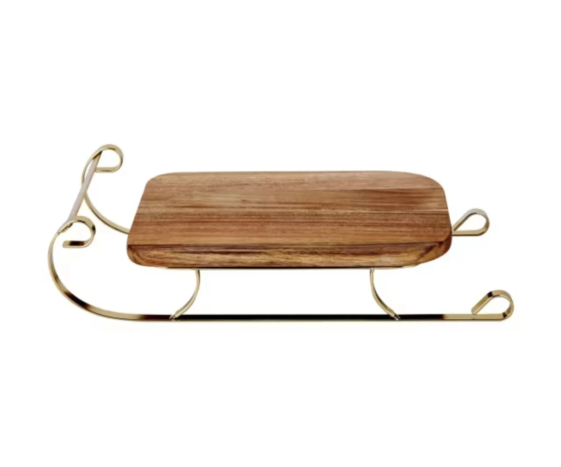 wooden serving board with sleigh gold legs