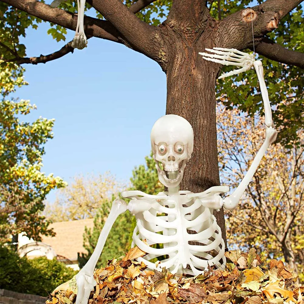 Funny Halloween skeletons posing in garden