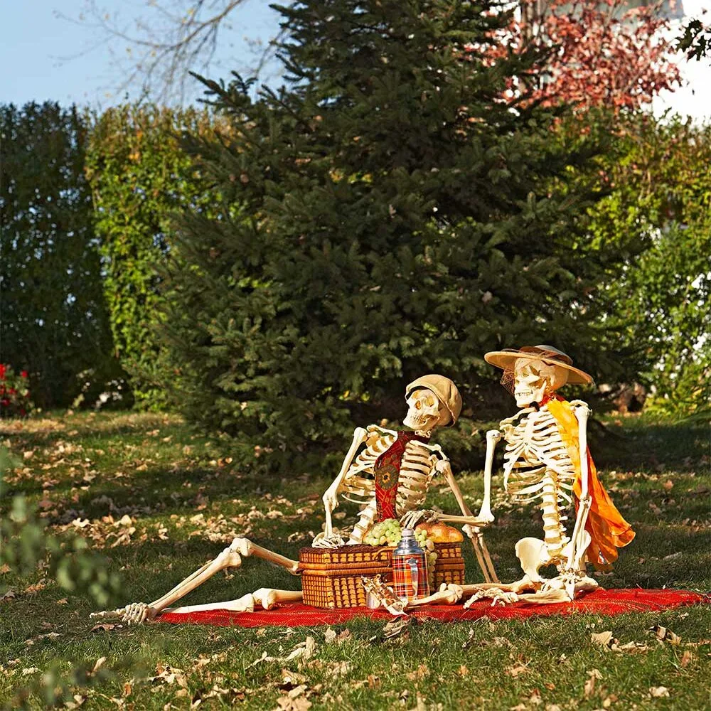 Funny Halloween skeletons posing in front garden.