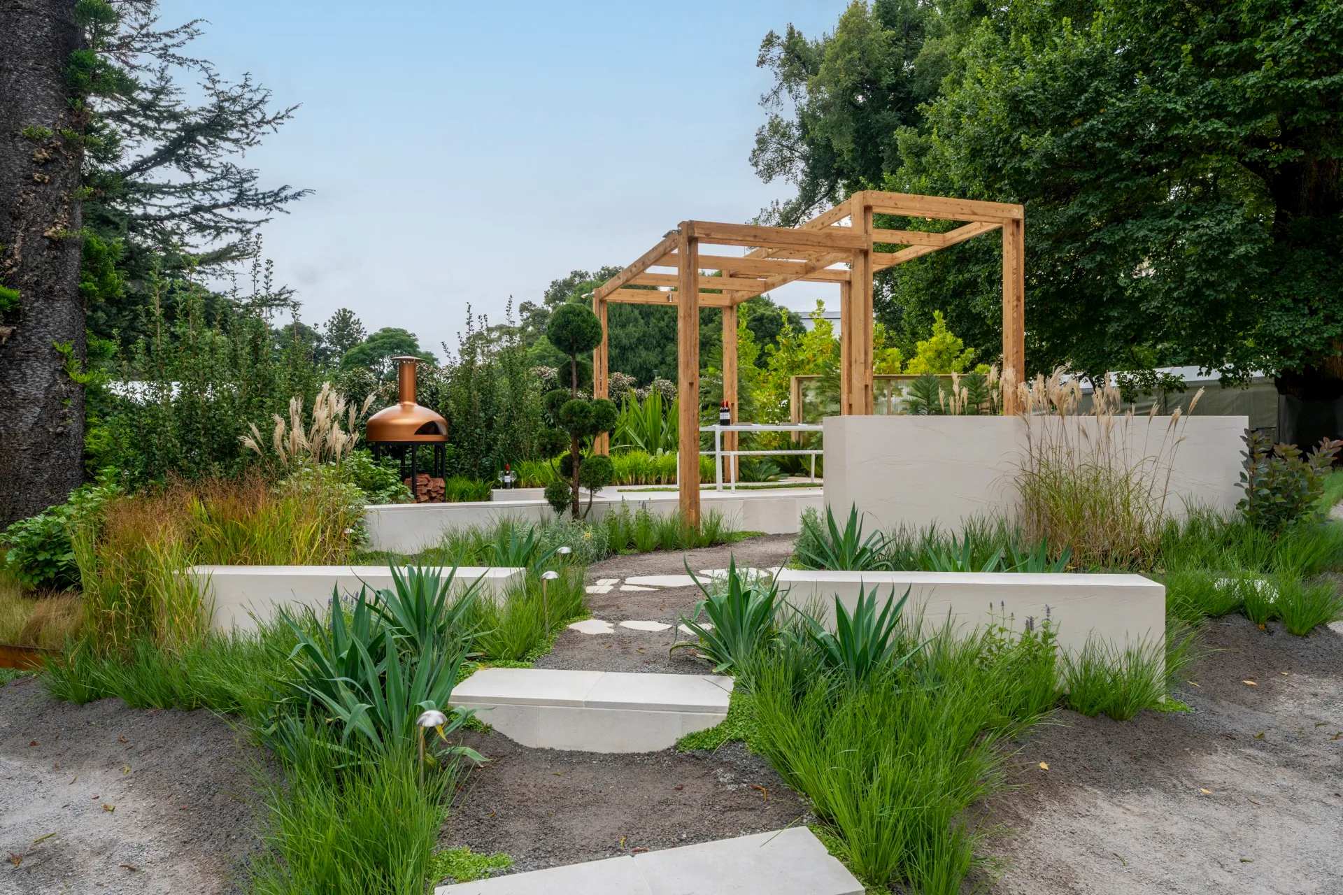 ornamental plants in garden with timber open air pergola and topiaried shrubs