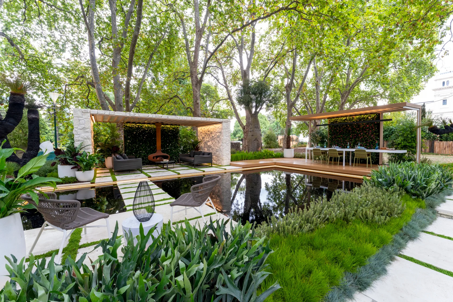 floating cabana by a reflective pond with garden design style being reflective and comfortable