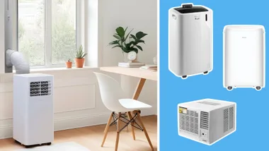 Best portable air conditioner Australia featuring (l-r): Kogan SmarterHome 2.0kW Portable Air Conditioner, DeLonghi Pinguino 2.6kW portable air conditioner, Rinnai 4.1kW portable air conditioner and Devanti 2.7kW window air conditioner