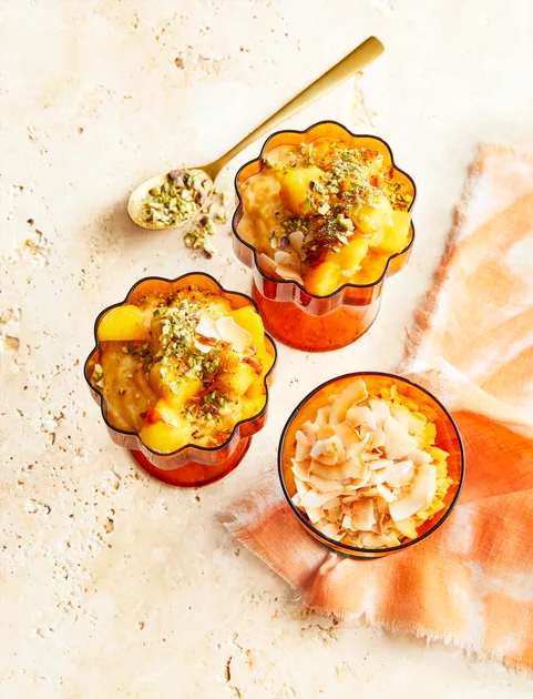 Coconut rice pudding with caramelised mango recipe - Better Homes & Gardens Australia