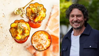 side by side pic of colin fassnidge and his new recipe coconut rice pudding in pudding cups with caramelised mango on top