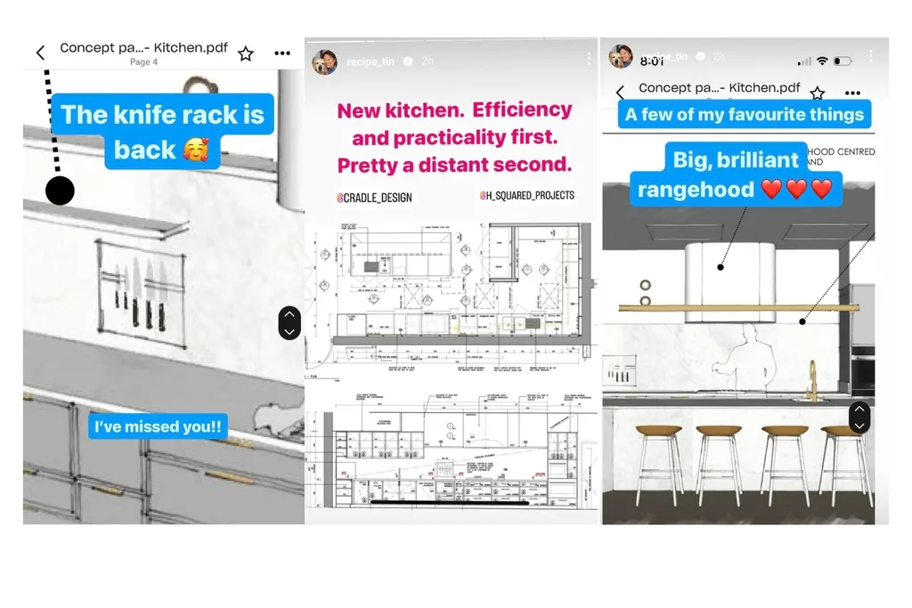 screenshots of ig stories from Nagi's instagram sshowing her kitchen plans