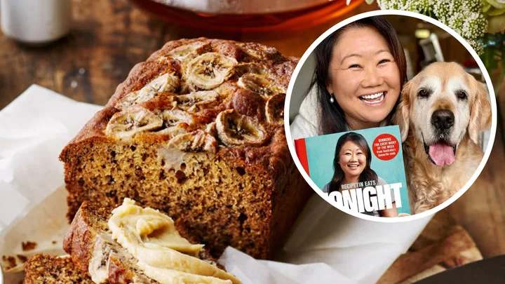 picture of banana bread with whipped maple butter slathered on piece with floating head of magi maehashi and her dog in a circle