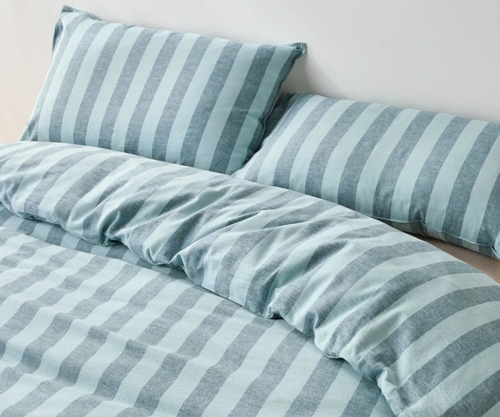 blue cotton and linen blend bed sheets with stripes
