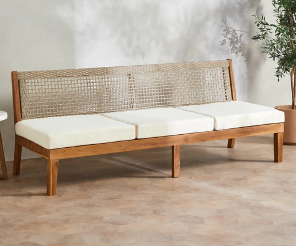 natural wooden outdoor bench seat on sale for temple and webster black friday sales with rattan backing and white cushions