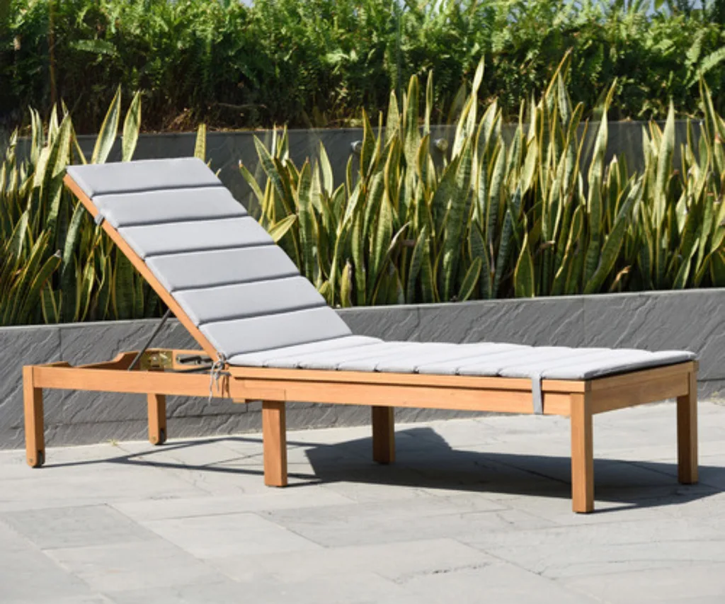 wooden reclining sun lounger chair in black friday sales with grey cushioning
